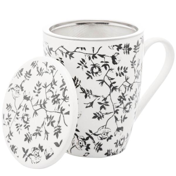 Imagem de Caneca de Porcelana com Tampa e Filtro Lyor Xícara de Chá 310ml Super White Tiny Flowers