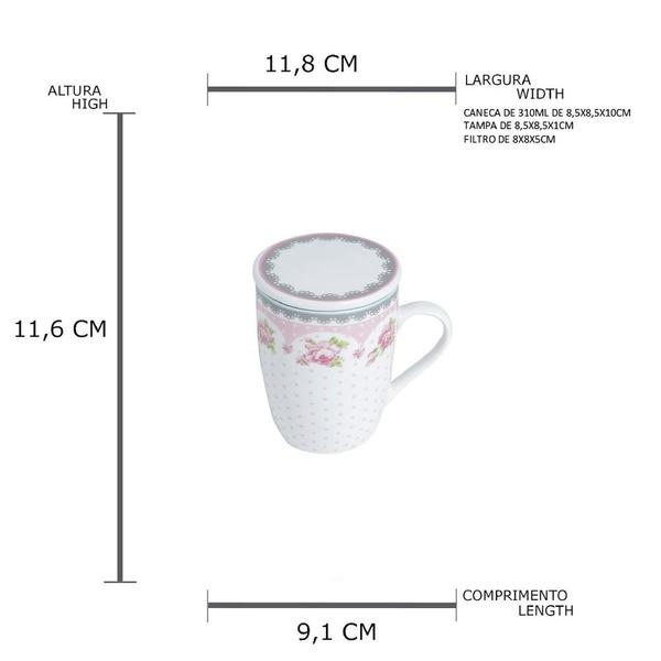 Imagem de Caneca De Porcelana Super White C/ Ttampa E Filtro Rose Rosa E Branco 310ml Lyor