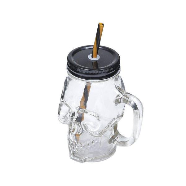 Imagem de Caneca de Vidro 450ml com Tampa e Canudo Lyor Caveira Rock Style