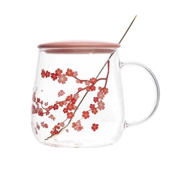 Imagem de Caneca De Vidro Borossilicato Com Tampa E Colher Sakura Rosa