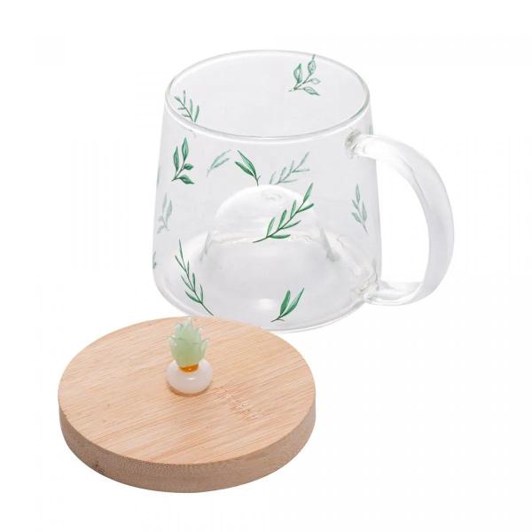 Imagem de Caneca de Vidro Borossilicato Resistente ao Calor com Pires de Bambu Suculenta 350ml - Lyor