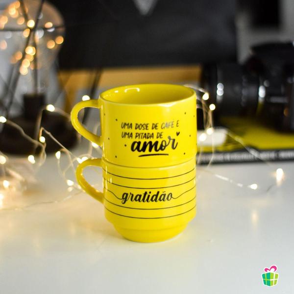 Imagem de Caneca empilhada dupla 210ml frase uma dose de cafe gratidao - Brasfoot Presentes