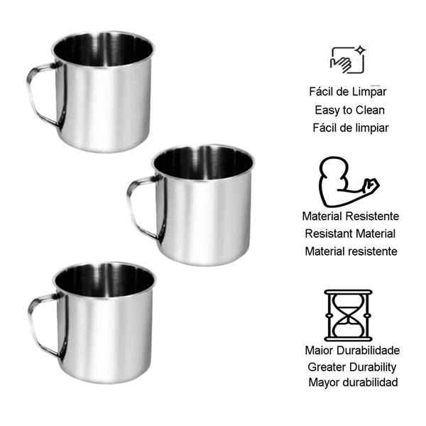 Imagem de Caneca inox com alça resistente pequena café leite kit 3 un - Fratelli Inox