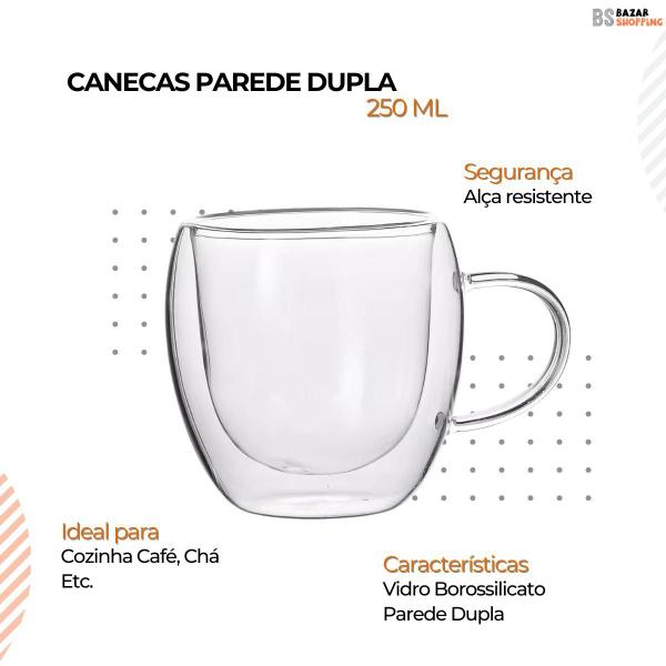 Imagem de Caneca Parede Dupla Xicara Vidro Café Chá 250ML 4Uni C/Alça