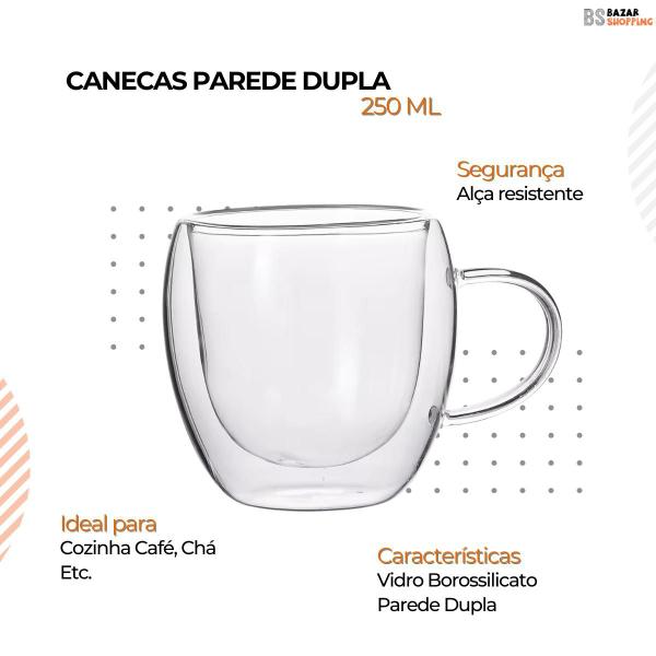 Imagem de Caneca Parede Dupla Xicara Vidro Café Chá 250ml 6 Unidades