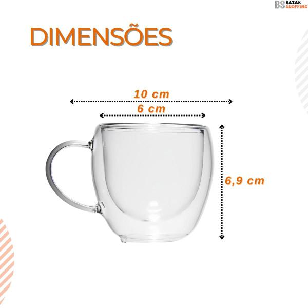 Imagem de Caneca Parede Dupla Xicara Vidro Café Chá 80ml 6 Uni C/ Alça