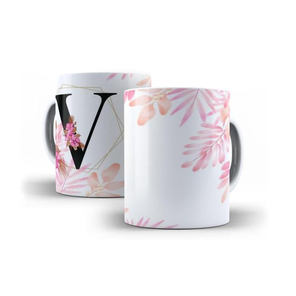 Imagem de Caneca Personalizada Presente Floral Letra  V