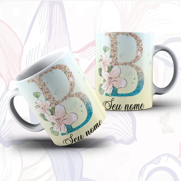 Imagem de Caneca Porcelana Alfabeto Floral Glitter Personalizada Com Inicial E Nome Todas As Letras E Nome