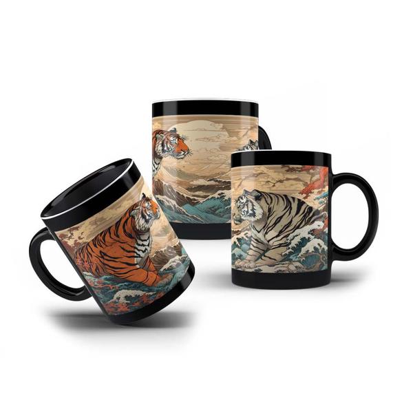 Imagem de Caneca Porcelana Preta Tigres Asiáticos Premium 325mL