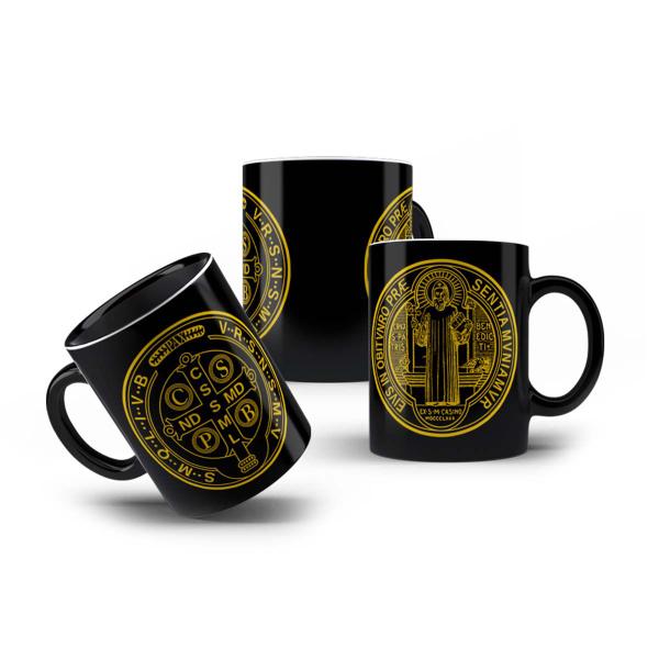 Imagem de Caneca Preta Cristã Medalha da Cruz Sagrada de São Bento