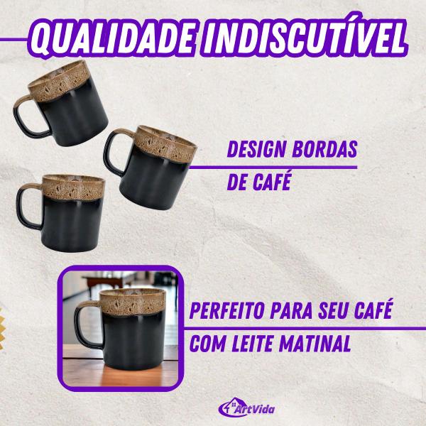 Imagem de Caneca Preta Elegante de Porcelana 300ml com Borda Real, Presente Perfeito, Adequada para Bebidas Quentes e Frias - ArtVida