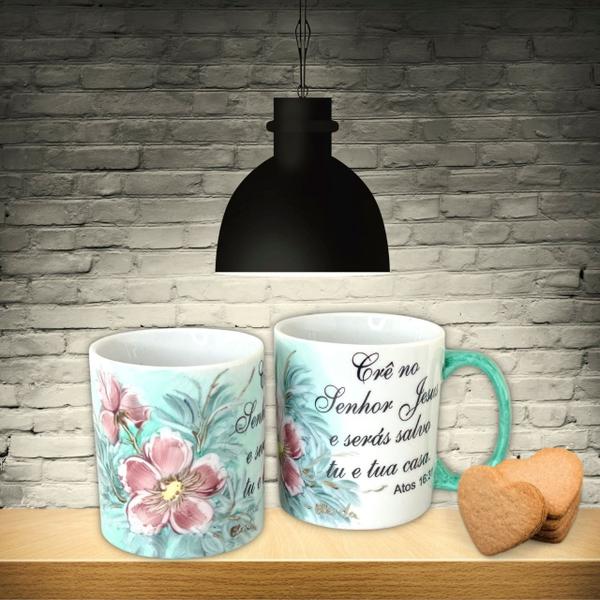 Imagem de Caneca Reta Chocolate Chá Café de Porcelana 300 ml Pintada à Mão Salmos Crê no Senhor AZALEIAS SILVESTRE ROSA