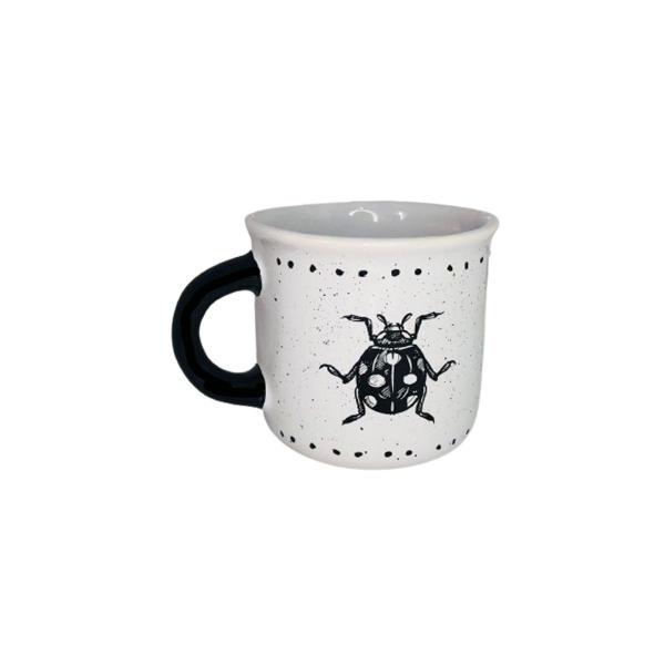 Imagem de Caneca Retrô 340Ml Branco Preto Cerâmica Inseto Besouro Flores Presente Xicara Café Chá Bugs