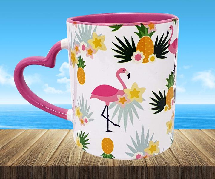 Imagem de Caneca Rosa Alça Coração Personalizada Aniversário Flamingo