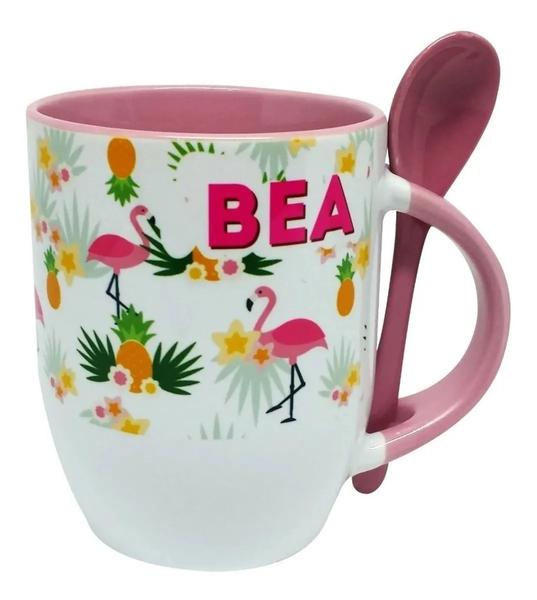 Imagem de Caneca Rosa com Colher Personalizada - Abacaxi e Flamingo