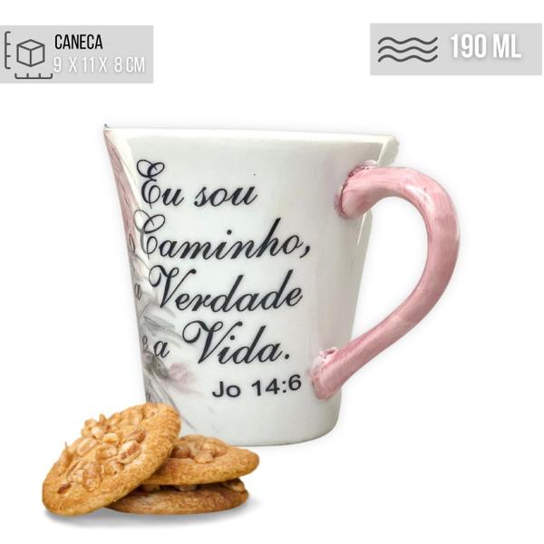 Imagem de Caneca Tulipa Cônica Chá Café de Porcelana 190 ml Pintada à Mão Salmos Bíblicos Eu sou o Caminho ROSAS ROSA