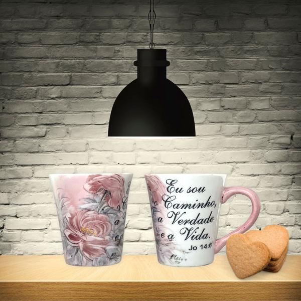 Imagem de Caneca Tulipa Cônica Chá Café de Porcelana 190 ml Pintada à Mão Salmos Bíblicos Eu sou o Caminho ROSAS ROSA