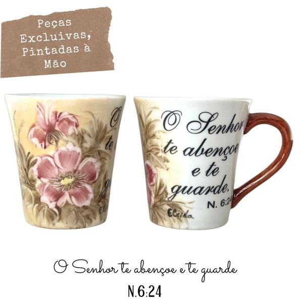 Imagem de Caneca Tulipa Cônica Chá Café de Porcelana 190 ml Pintada à Mão Salmos Bíblicos O Senhor AZALEIA SILVESTRE ROSA