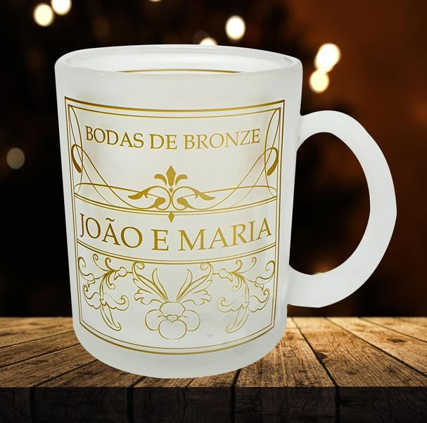 Imagem de Caneca Vidro Jateado Lembrancinha para Casal Bodas de Bronze