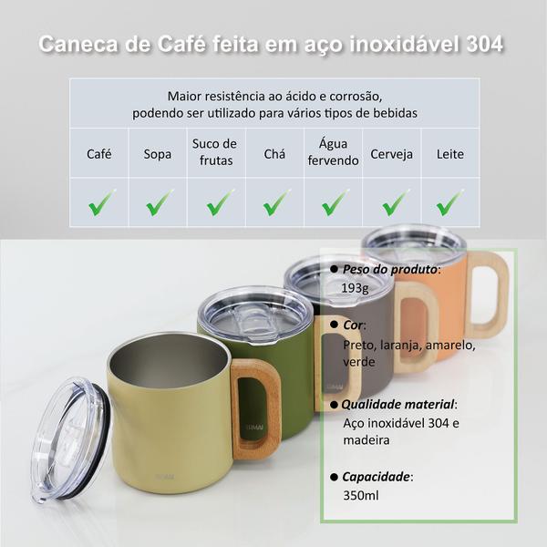 Imagem de Caneca Vietnã Térmica de Aço Inox Parede Dupla Com Tampa e Cabo de Madeira 350ml