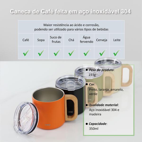 Imagem de Caneca Vietnã Térmica de Aço Inox Parede Dupla Com Tampa e Cabo de Madeira 350ml