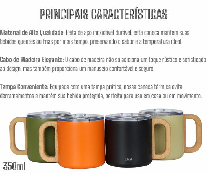 Imagem de Caneca Vietnã Térmica de Aço Inox Parede Dupla Com Tampa e Cabo de Madeira 350ml