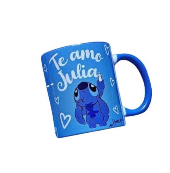 Imagem de Caneca xícara Copo de Porcelana Cerâmica Alça Azul Personalizada Stitch Te amo Com Nome