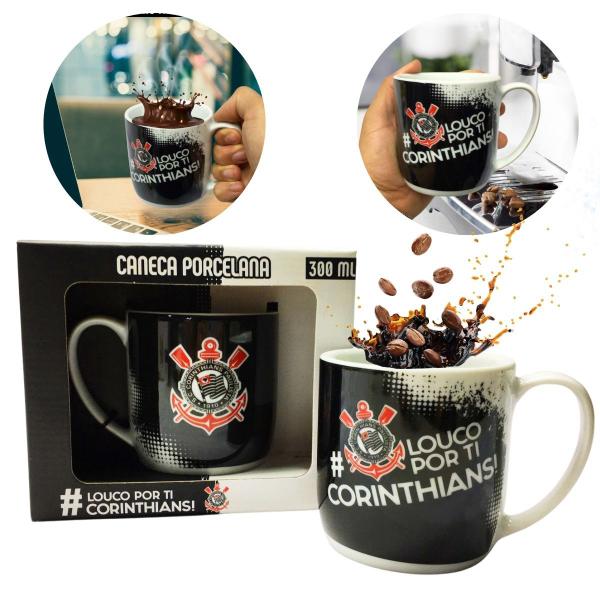 Imagem de Caneca Xicara Porcelana Preto Premium 300ml Café Loucos Por Tí Corinthians Oficial