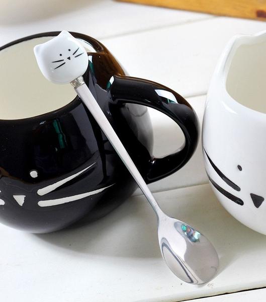 Imagem de Canecas de gato bonito de cerâmica com colheres de café Chá Leite Copos animais com alça de 400ml Drinkware Nice Giftscat Canecamug com colhermug com (preto)