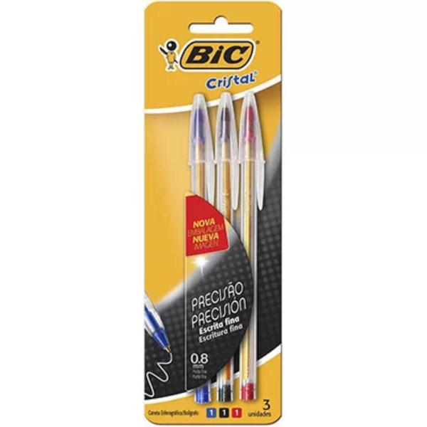 Imagem de Caneta Bic Esferográfica Cristal Precisão Escrita Fina 0.8mm cores azul, preta e vermelha