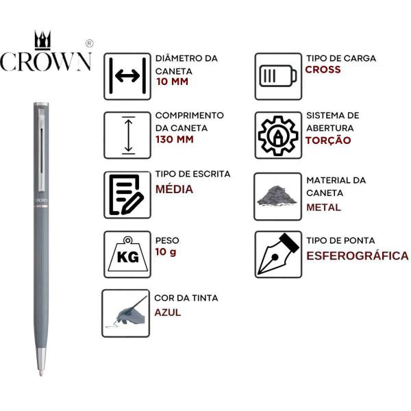 Imagem de Caneta Crown Metal Hawai Fina Luxo Esferográfica Carga Tipo Cross DI10089C- Cor Cinza