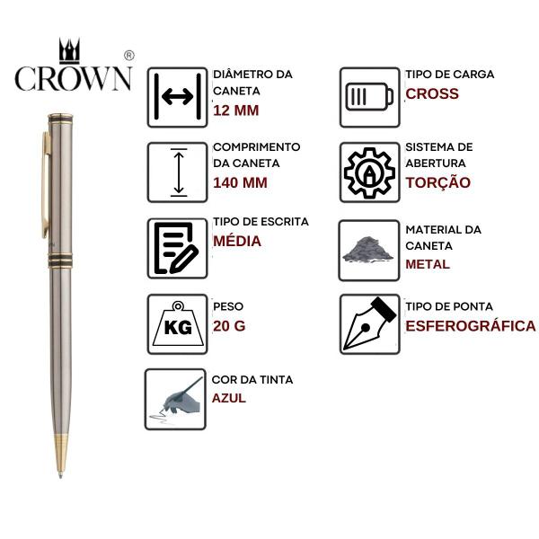 Imagem de Caneta Crown Metal Veneto Esferográfica Luxo Estiloso Carga Padrão Cross DI13904 Prata Preto Azul Bordô 