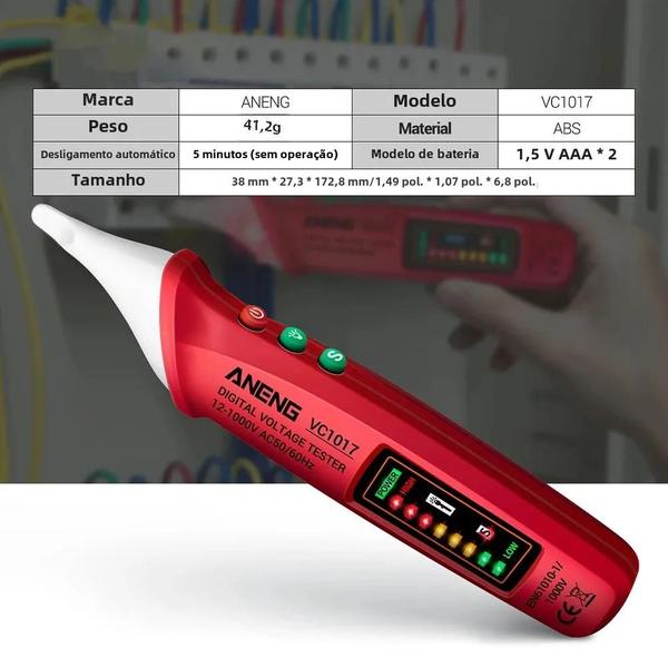 Imagem de Caneta Detectora De Tensão CA Sem Contato Indicador LED ANENG VC1017 Voltímetro Sensor Tester Alarme