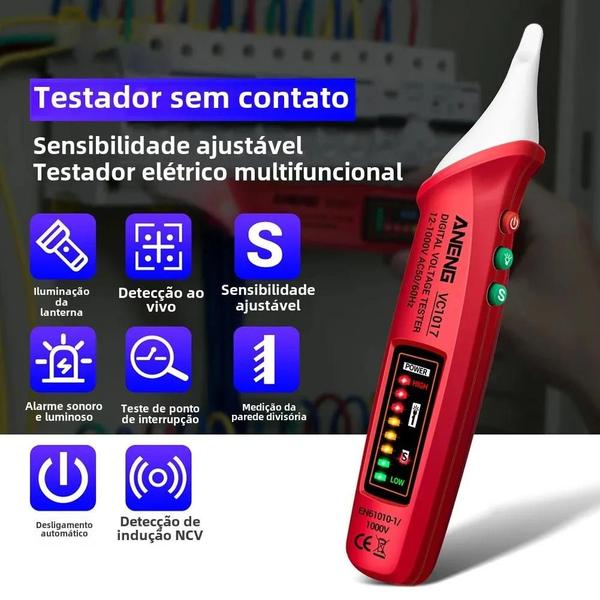 Imagem de Caneta Detectora De Tensão CA Sem Contato Indicador LED ANENG VC1017 Voltímetro Sensor Tester Alarme