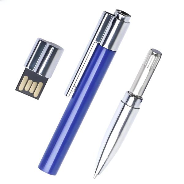 Imagem de Caneta Esferográfica com Pendrive USB - 64GB, 32GB ou 16GB - Cores Prata, Branco e Azul