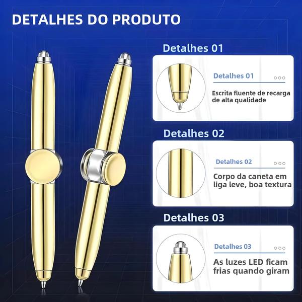 Imagem de Caneta Giratória Led De Metal Para Ansiedade, Descompressão, Giroscópio, Caneta De Escrita Para