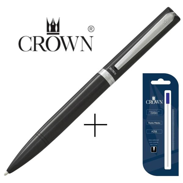 Imagem de Caneta Luxo Crown Metal Platinum Esferográfica YW10056-P  Cor Preta + Carga Extra Azul