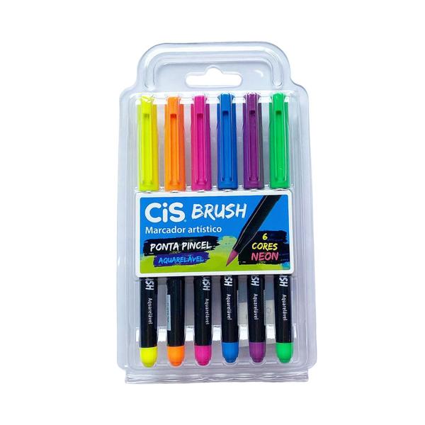 Imagem de Caneta Marcador Artístico Brush Aquarelável com 6 cores Neon - Cis