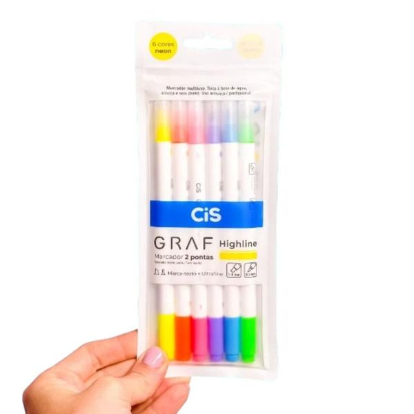 Imagem de Caneta Marcador Graf Highline Pastel 2 Pontas com 6 Cores Neon - Cis