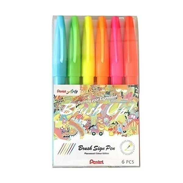 Imagem de Caneta Ponta Pincel Brush Sign PenFluorescent Color Edition C/6 -Pentel