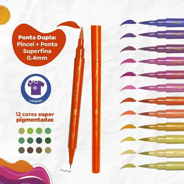 Imagem de Canetas Brush Ponta Dupla Pincel + Superfina Vibes Sketch Entardecer 12 Cores TRIS