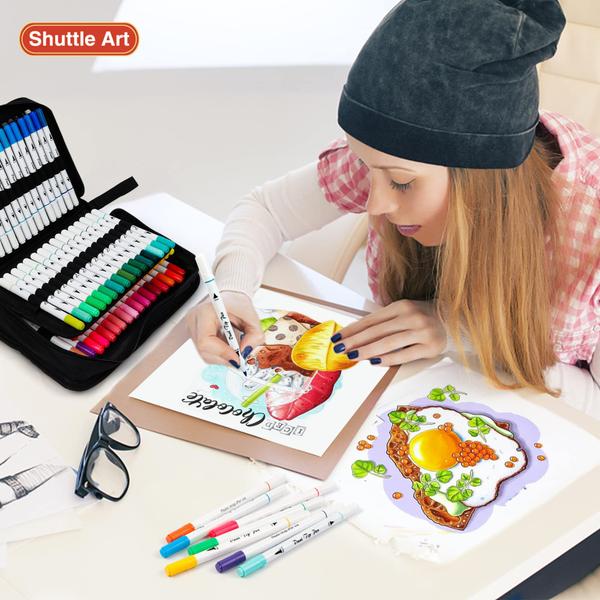 Imagem de Canetas de pincel Art Markers Shuttle Art 105 cores com estojo e livro