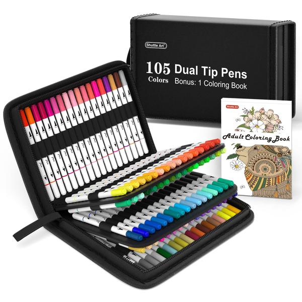 Imagem de Canetas de pincel Art Markers Shuttle Art 105 cores com estojo e livro