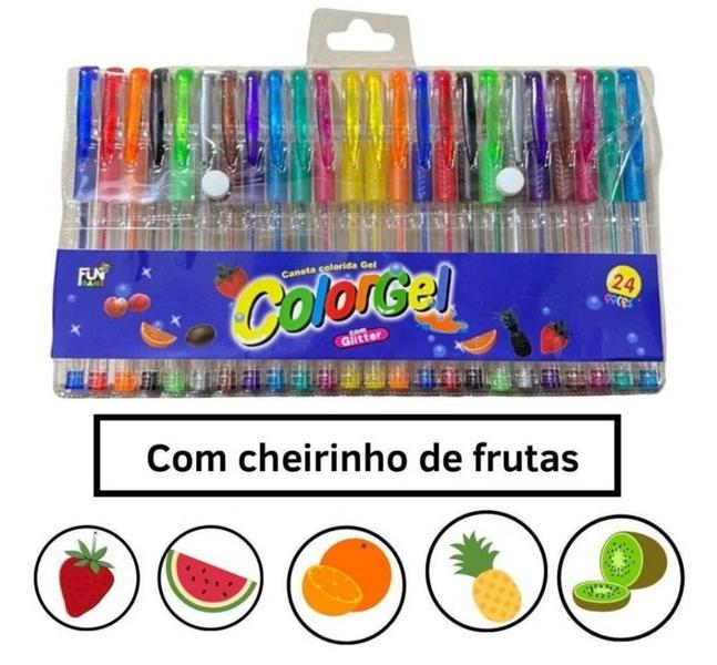 Imagem de Canetas Gel Cheirinho de Frutas Coloridas Perfumadas Glitter Neon Tons Pastel Kit com 12/24/36