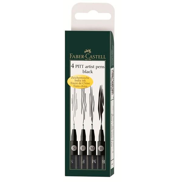 Imagem de Canetas Pitt Faber-Castell Preta - Estojo com 4 Canetas e 4 Pontas S-F-M-B Ref:167100