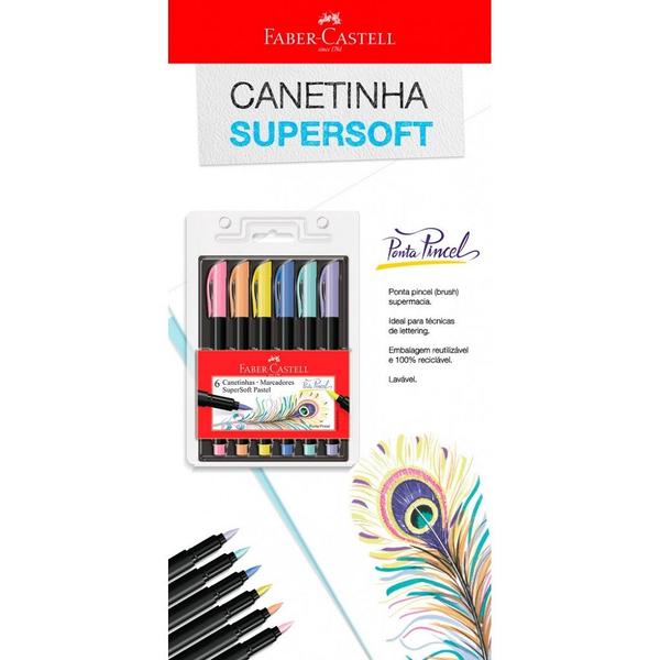 Imagem de Canetinha Hidrográfica Supersoft BrushPen Tons Pastel 6 Cores Faber Castell