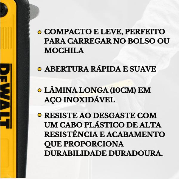 Imagem de Canivete de Bolso Dobrável Lâmina Aço Inox Dewalt Faca Tática Portátil 10cm Retrátil Trava Discreto