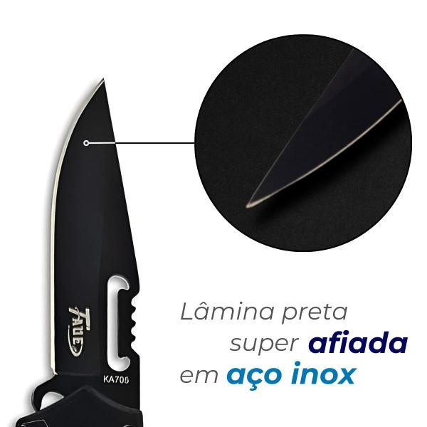 Imagem de Canivete Saque Rápido  Automático Trava Militar Aço Inox Preto - 16 cm Pesca Camping Trilha Caça Sobrevivência Bolso