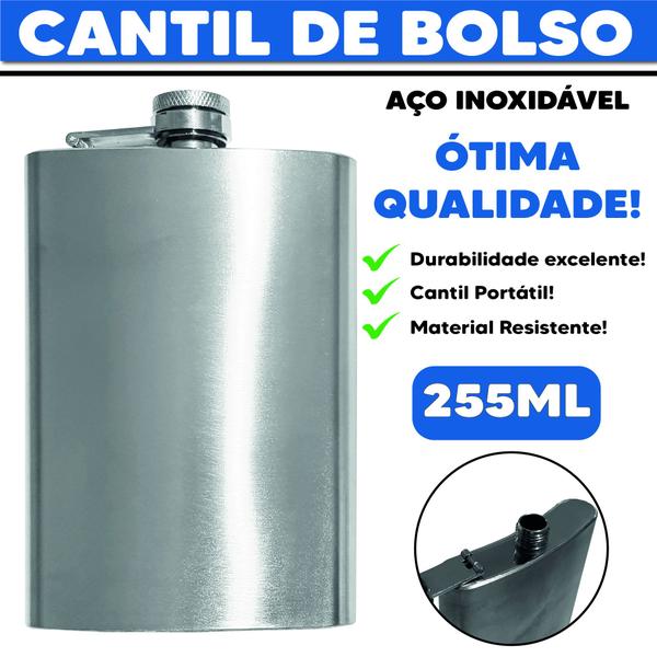 Cantil de Bolso Aço Inox Porta Bebidas 255ml Whisky Vodka Portátil - LUATEK Imagem de Cantil de Bolso Aço Inox Porta Bebidas 255ml Whisky Vodka Portátil
