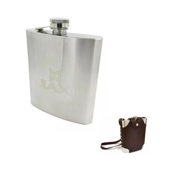 Imagem de Cantil Porta Bebida Bolsa Couro E Alça 500 Ml Inox Whiskeira